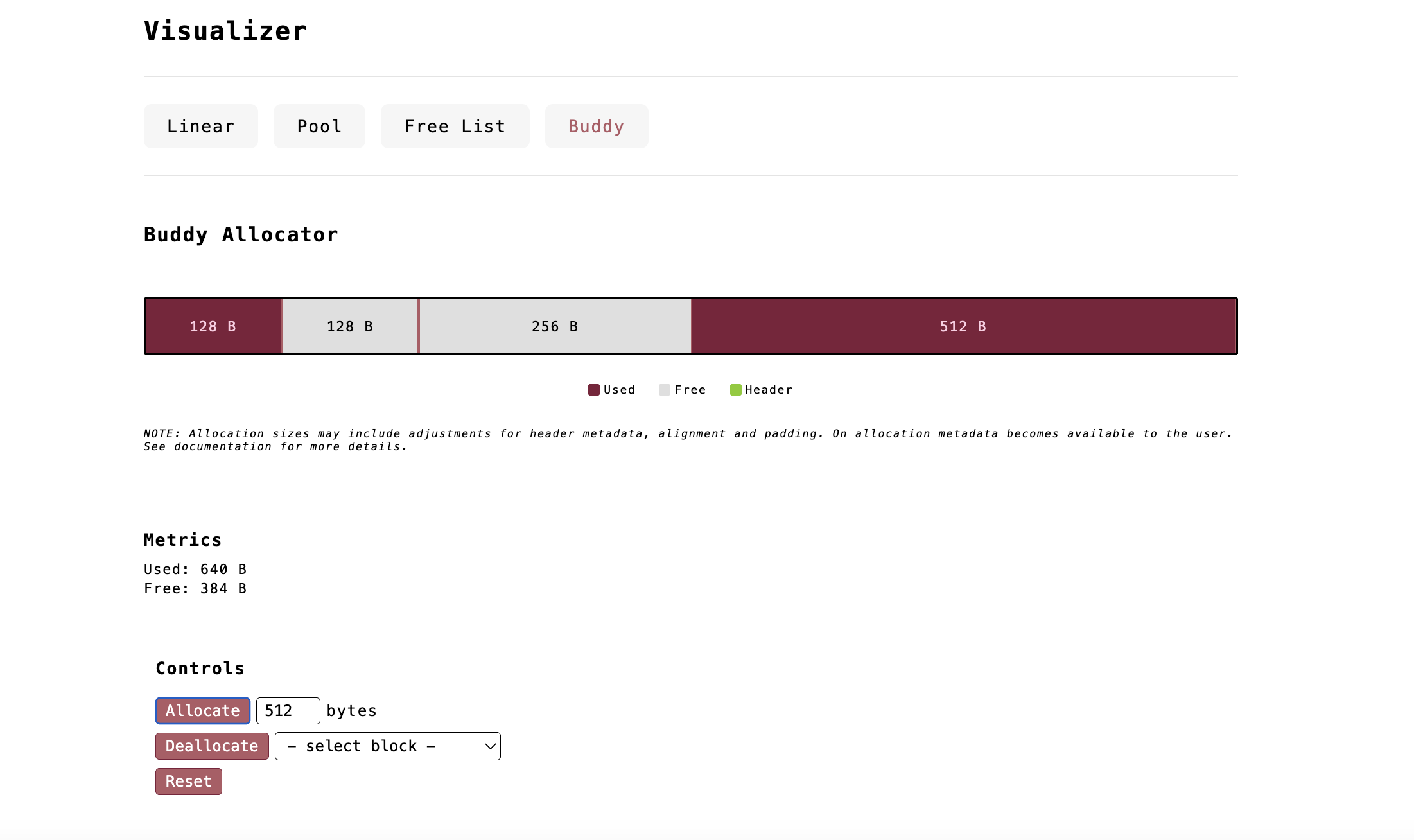 memory allocators visualizer showing the state of a buddy allocator with free and used bytes counts and controls for allocation and deallocation operations.